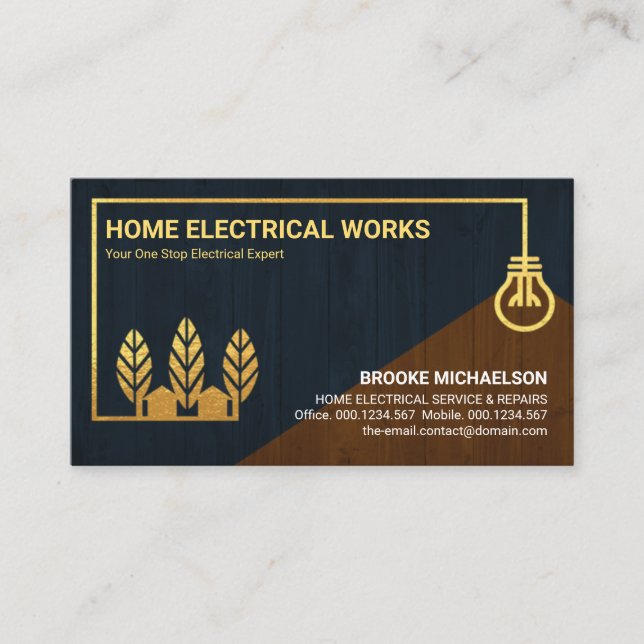 Wood Texture Gold Home Bulb Wiring Electrician Business Card (Front)