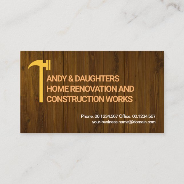 Wood Texture Hammer Motif Contractor Handyman Business Card (Front)