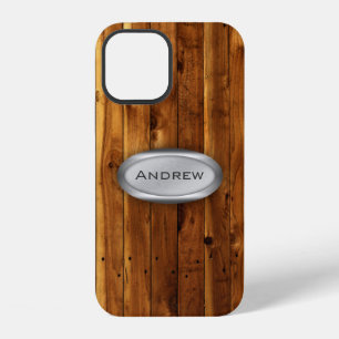 Wood Texture Pattern Metallic Nameplate iPhone 12 Case
