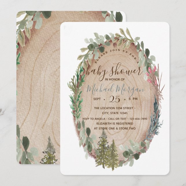 Wood Texture Pine Tree Woodland Baby Shower Invitation (Front/Back)