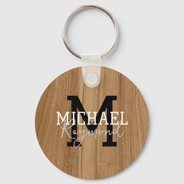 Wood Texture Rustic Monogram Country Style Keychai Key Ring (Front)