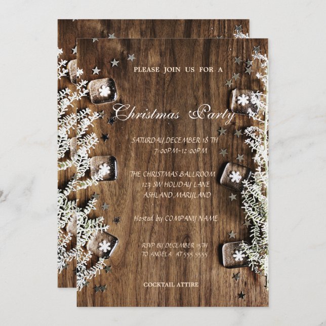 Wood Texture, Snowflakes,Corporate Christmas Party Invitation (Front/Back)