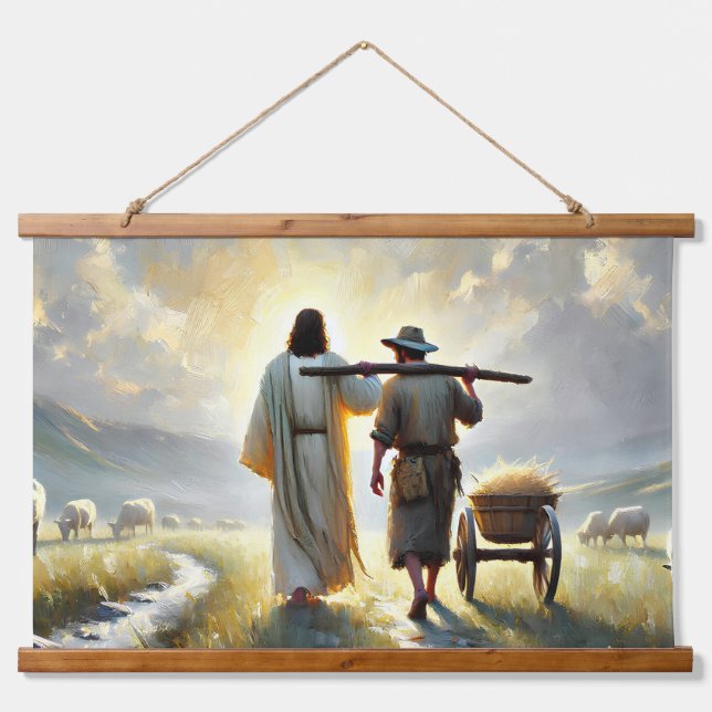 Wood-Topped Rustic Wall Tapestry with Jesus yoked (Front)