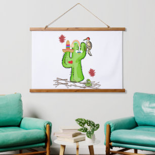 Wood Topped Wall Tapestry  Cactus Snake Bird