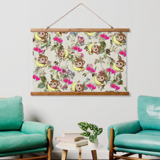 Wood Topped Wall Tapestry Monkey Bananas Hearts  (Living Room)