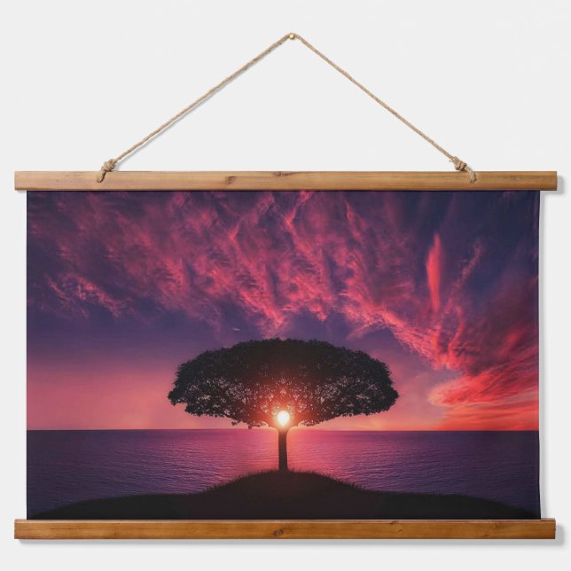 Wood Topped Wall Tapestry Sunset Tree Silhouette  (Front)