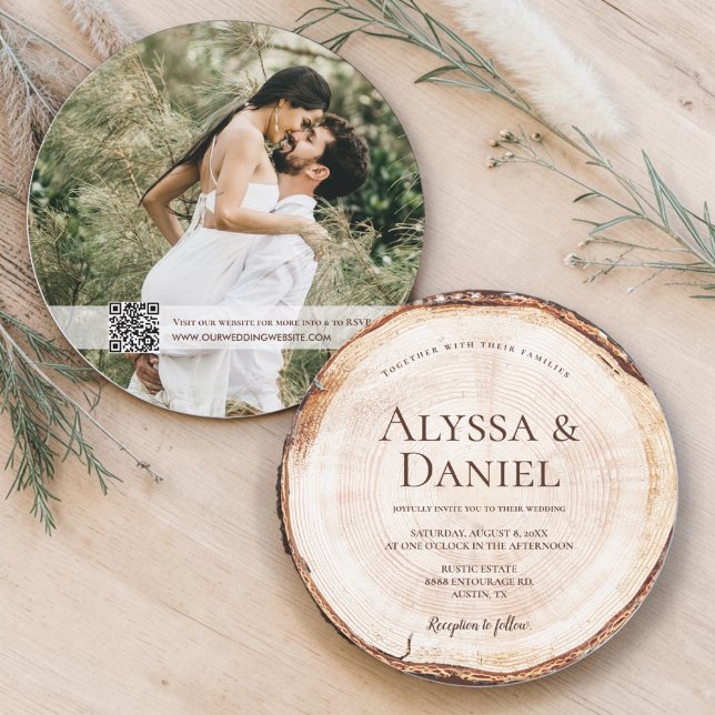 Wood Tree With Photo RSVP Unique Rustic Wedding  Invitation (Printed Wood cut slice Rustic wedding with custom photo and QR code wedding website.)