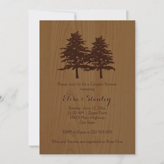 Wood & trees brown woodland wedding couples shower invitation (Front)
