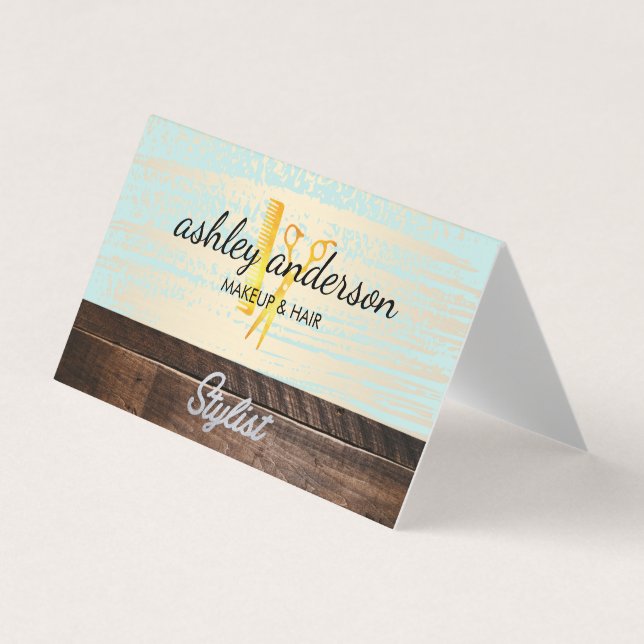Wood Trim Gold Brushed Salon Tools Business Card (Front)