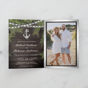 Wood Tropical Palm Silver Anchor QR Code Wedding Invitation