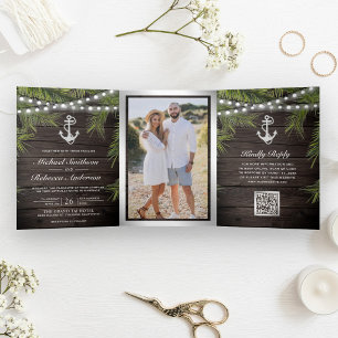 Wood Tropical Palm Silver Anchor QR Code Wedding Tri-Fold Invitation