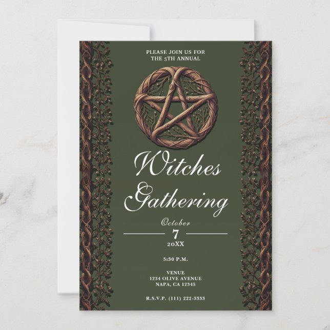 Wood Twig Pentacle Green Wicca Witches Gathering Invitation (Front)