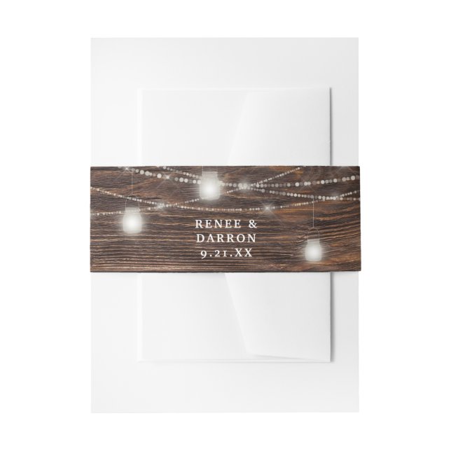 Wood & White Mason Jar String Lights Invitation Belly Band (Front Example)