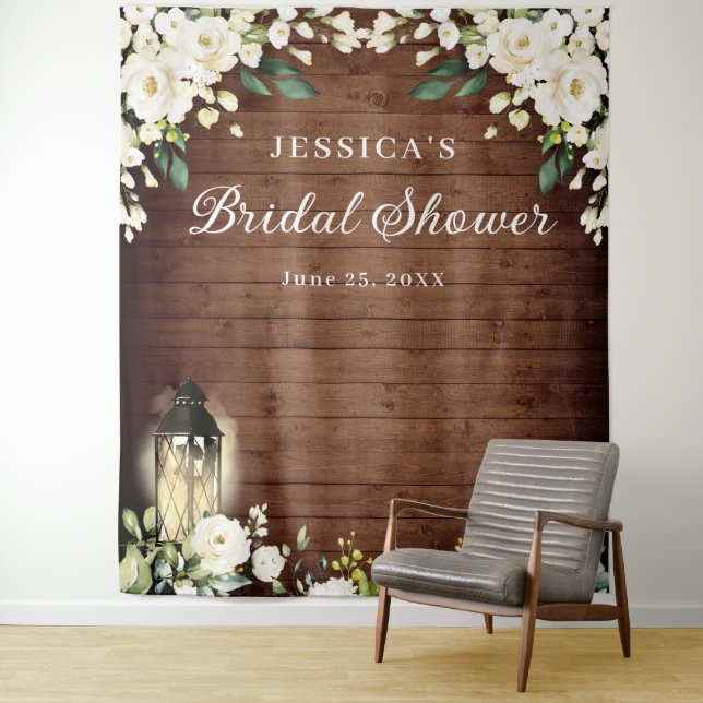 Wood White Rose Bridal Shower Photo Booth Backdrop Tapestry (In Situ)