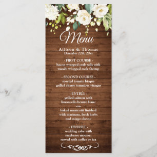 Wood & White Rose Rustic Floral Wedding Menu Card