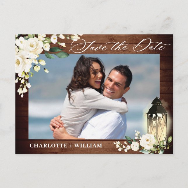 Wood White Rose Rustic PHOTO Wedding Save the Date Postcard (Front)