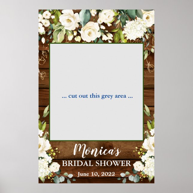 Wood & White Roses Floral Bridal Shower Photo Prop Poster (Front)