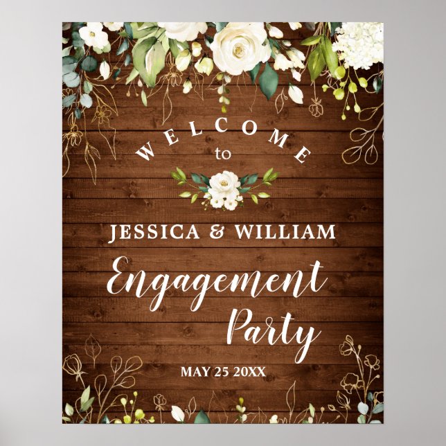 Wood & White Roses  Floral Engagement Party Sign (Front)