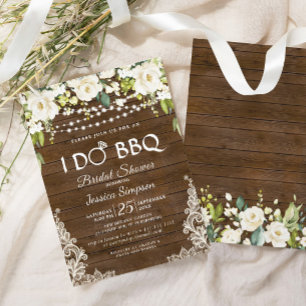 Wood & White Roses Floral I Do BBQ Bridal Shower Invitation
