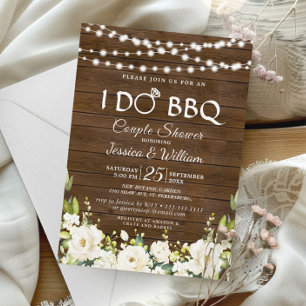 Wood & White Roses Floral I Do BBQ Couple Shower Invitation