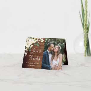 Wood & White Roses Floral Lantern Photo Thank You Card