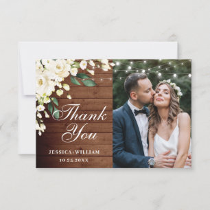 Wood & White Roses Floral Lantern Photo Thank You Card