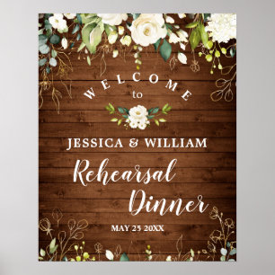 Wood & White Roses  Floral Rehearsal Dinner Sign