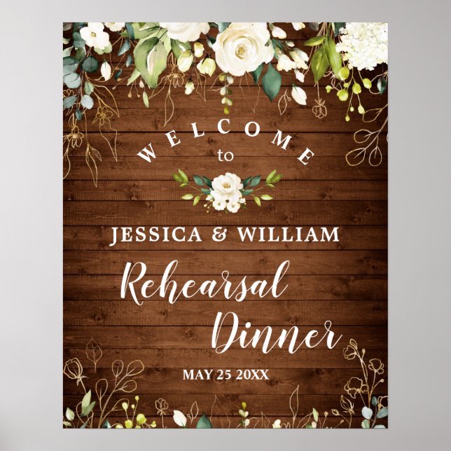 Wood & White Roses  Floral Rehearsal Dinner Sign (Front)