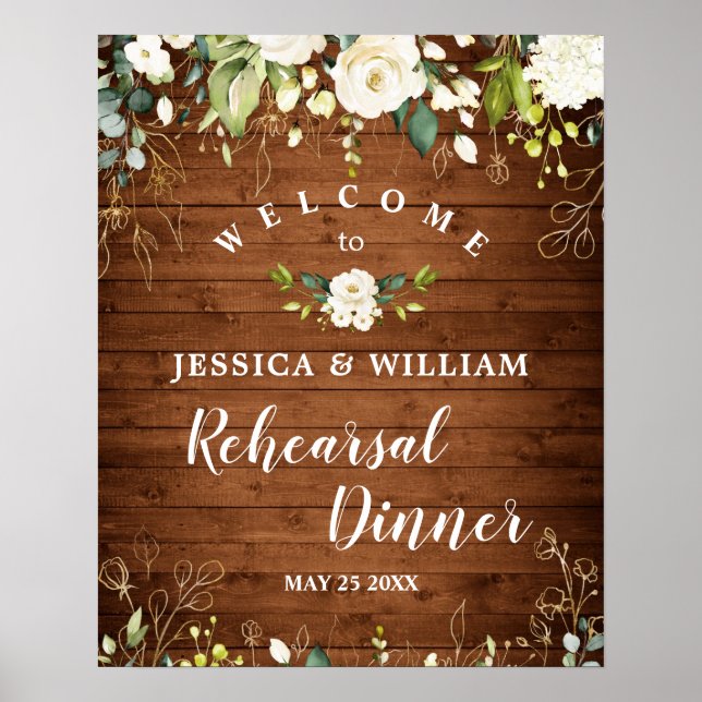 Wood & White Roses  Floral Rehearsal Dinner Sign (Front)