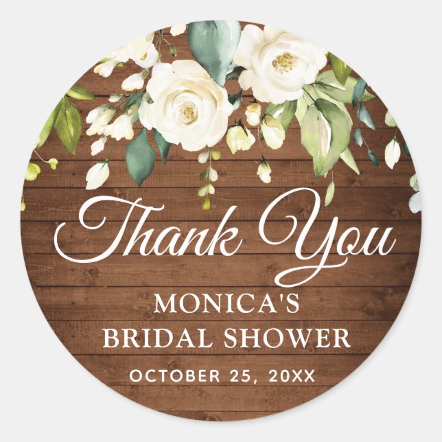 Wood White Roses Floral Rustic Bridal Shower Classic Round Sticker (Front)