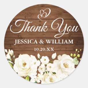 Wood White Roses Floral Rustic Watercolor Wedding Classic Round Sticker