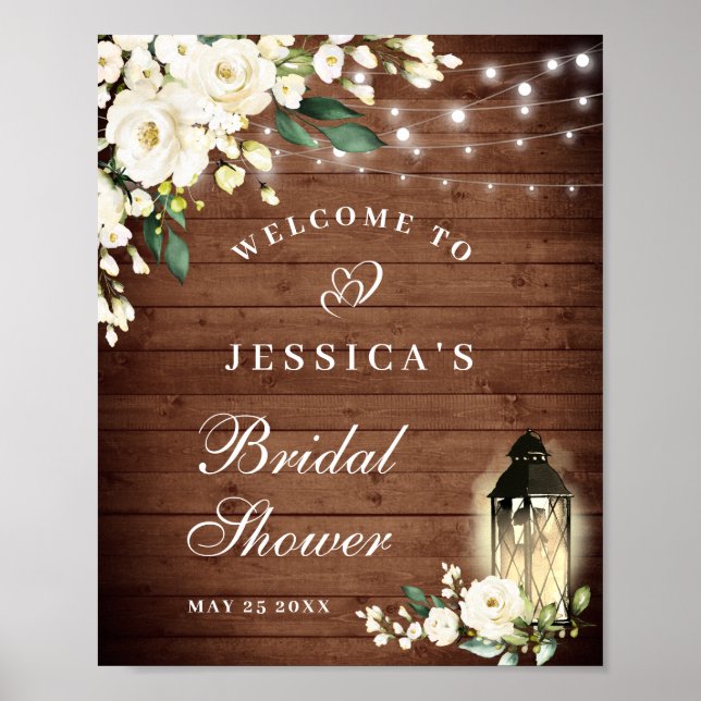 Wood & White Roses Greenery Bridal Shower Welcome Poster (Front)