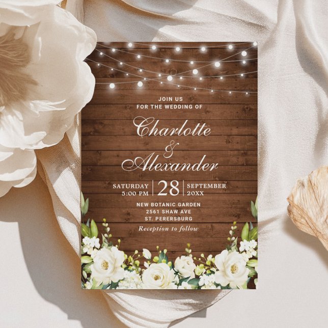 Wood & White Roses Greenery Watercolor wedding Invitation (Creator Uploaded)
