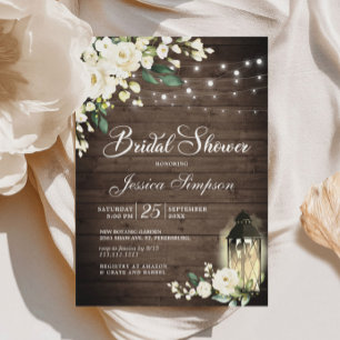 Wood & White Roses Lantern Bridal Shower Invitation