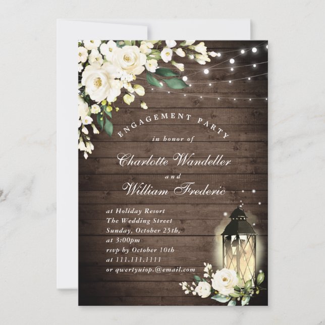 Wood & White Roses & Lantern Engagement Party Invitation (Front)