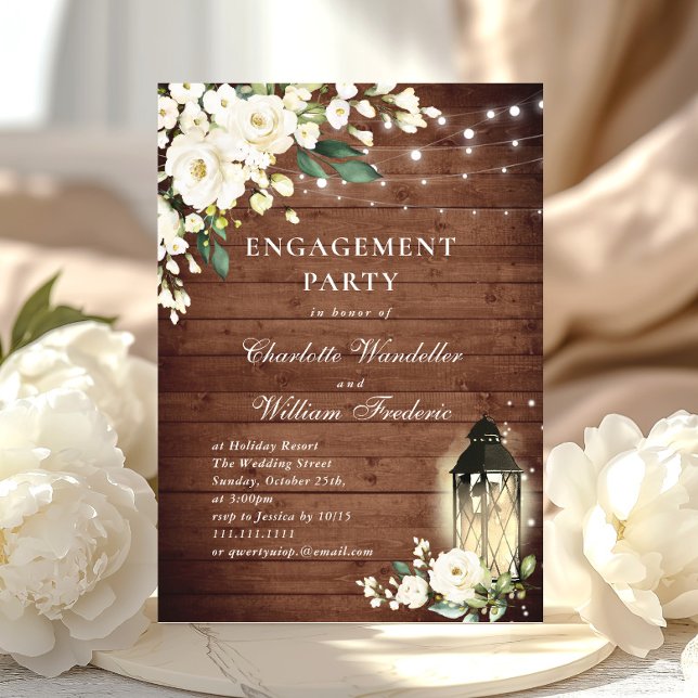 Wood White Roses & Lantern ENGAGEMENT PARTY Invitation (Creator Uploaded)