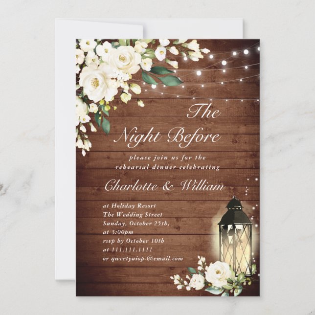 Wood White Roses & Lantern Rehearsal Dinner Invitation (Front)