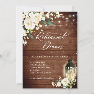 Wood White Roses & Lantern Rehearsal Dinner Invitation