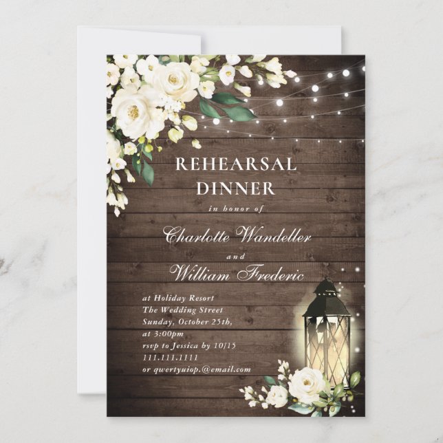 Wood White Roses & Lantern Rehearsal Dinner Invitation (Front)