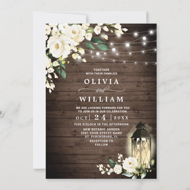 Wood White Roses Lantern Rustic Watercolor wedding Invitation (Front)