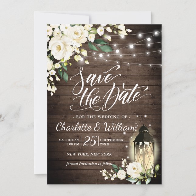 Wood & White Roses & Lantern Wedding Save The Date Invitation (Front)