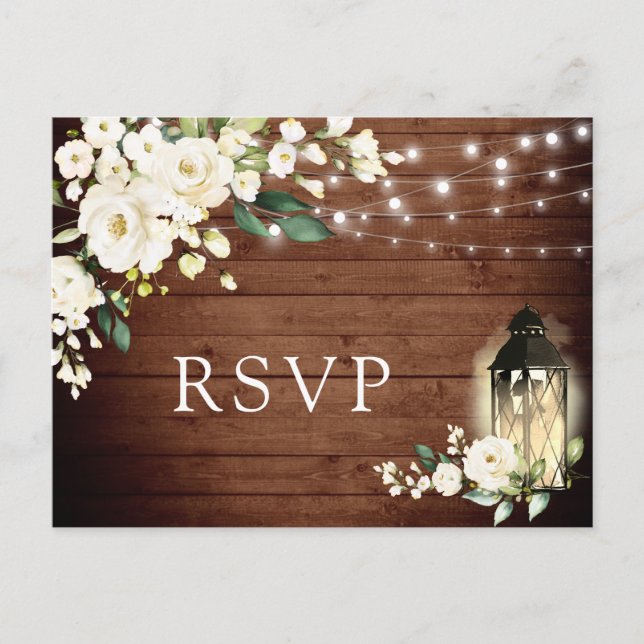 Wood White Roses Rustic Wedding RSVP  Postcard (Front)