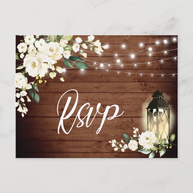 Wood White Roses Rustic Wedding RSVP Postcard (Front)
