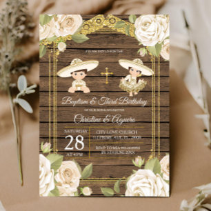 Wood White Roses Twin Baptism & Third Birthday Invitation