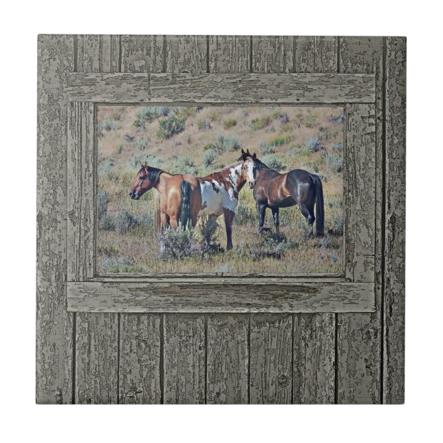 Wood window horses 3 ceramic tile (Front)