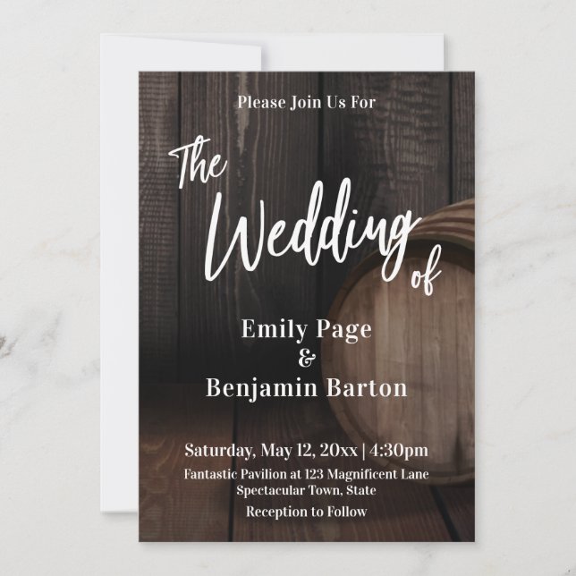 Wood Wine Barrel Casual Handwriting The Wedding of Invitation (Front)