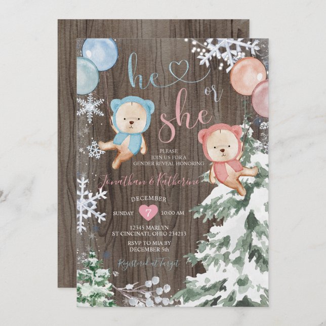 Wood Winter Bear Gender Reveal Snowflakes  Invitation (Front/Back)