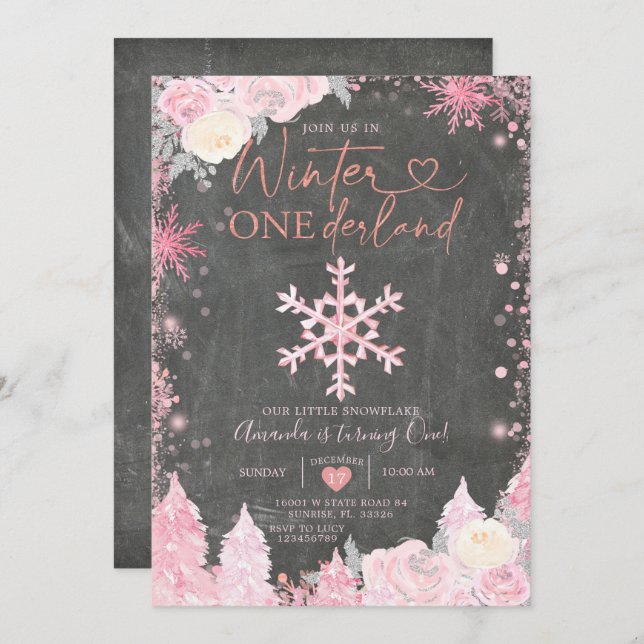 Wood Winter Onederland Pink Snowflake Birthday  Invitation (Front/Back)