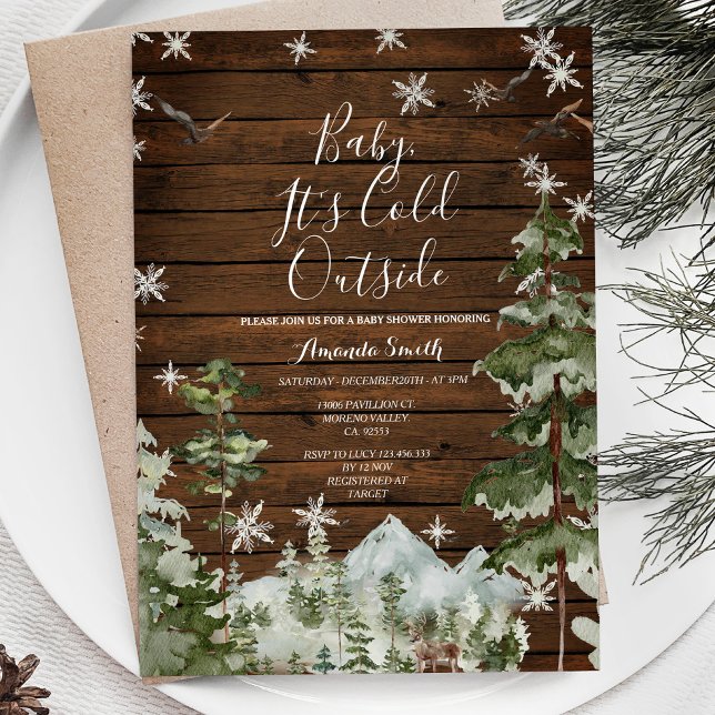 Wood Winter Pine Tree Cold Outside Baby Shower Invitation (Creator Uploaded)