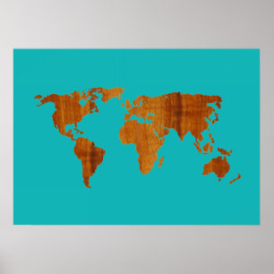 wood world map turquoise poster